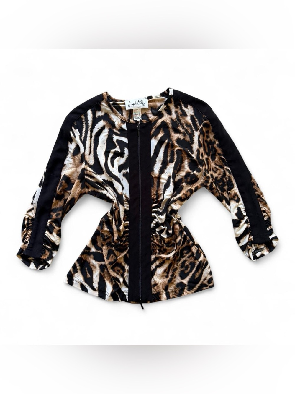 Joseph Ribkoff Brown Black Cream Animal-Print Zip Top
